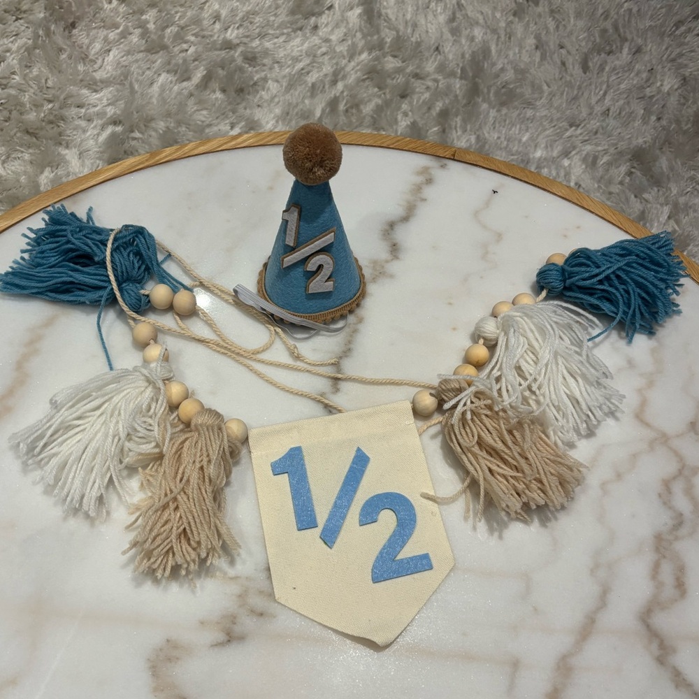 Blue and Cream 1/2 Birthday Banner and Hat Set